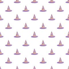 Naklejka premium Purple wizard hats with yellow stars creating a magical seamless pattern for fantasy themes