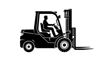Fototapeta premium Industrial forklift truck silhouette with driver. Warehouse lift truck vector icon. Heavy machinery for logistics and shipping.