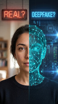 Split image showing a real face and an AI-generated face with neon signs questioning reality and deepfakes, representing digital deception.