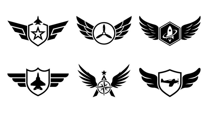 Aviation wing emblems set, 6 military flight badges with shields and stars, black aircraft pilot insignia vectors for logo design