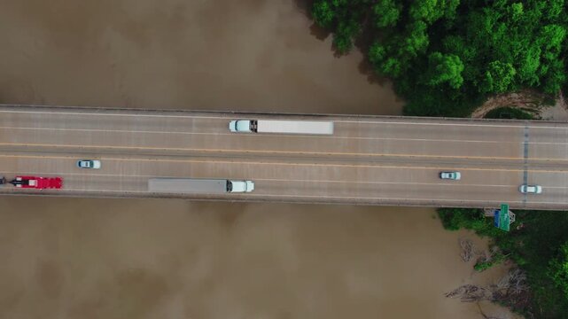 Drone travelogue frame of the long crossing every Louisiana road tripper knows, where Interstate 10 runs unbroken above the Atchafalaya swamp for eighteen miles between Baton Rouge and Lafayette.