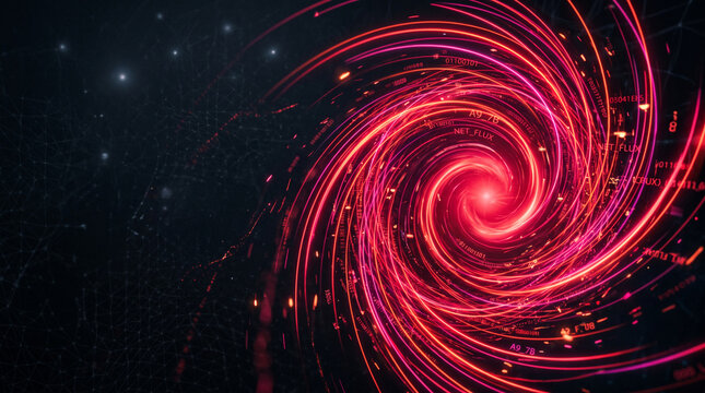 Glowing red and pink digital vortex with binary code, representing data flow and technological advancement.
