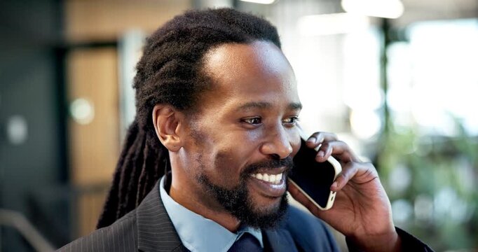 Smile, business and black man in office with phone call, discussion and buyer inquiry for resale. Happy, realtor and talk in workplace with mobile, contact seller and viewing reminder for real estate