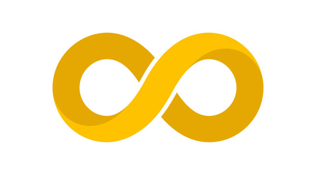 A vibrant yellow infinity symbol with a subtle shadow, representing endlessness, eternity, and limitless possibilities.