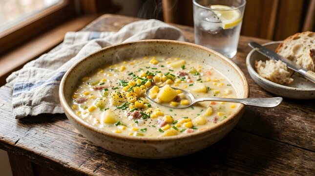 Hearty corn chowder soup with bread and water
