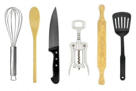 Array of essential kitchen utensils including whisk spoon knife corkscrew rolling pin and spatula