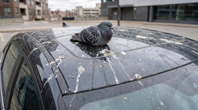 Pigeon sitting on a car roof covered with bird droppings, highlighting vehicle contamination, urban wildlife, cleaning needs, exterior maintenance and pollution