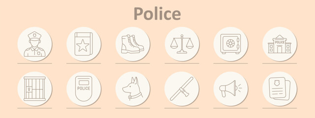 Fototapeta premium Police set icon. Officer figure, star notebook, combat boots, balance scales, vault safe, station building, barred cell, police shield, guard dog, baton stick, megaphone form, id documents.