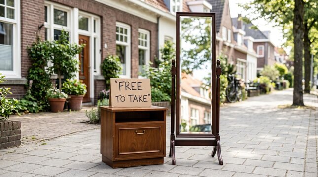 Wooden cabinet and full length mirror displayed outside a residential home with a "Free to Take" sign, representing reuse, recycling, donation, sustainability and community sharing