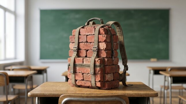 Brick backpack on a school desk in an classroom, symbolizing the heavy burden of schoolwork, academic pressure, educational stress, difficult studies and student workload