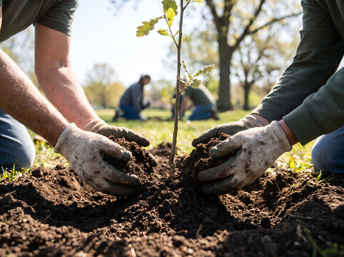 Gloved Hands Planting Young Sapling in Soil with Tree and Green Field Background
