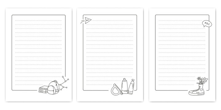 Set of lined notebook pages with dotted writing guides and hand drawn school doodles, including science, art and study elements. Minimal black and white stationery templates.