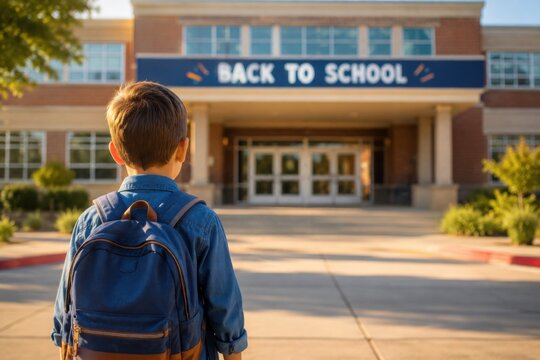 Back to school concept featuring a schoolboy with a backpack arriving at a school building on a sunny morning, representing education, childhood, learning and new beginnings