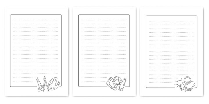 Set of lined notebook pages with dotted writing guides and hand drawn school doodles, including science, art and study elements. Minimal black and white stationery templates.