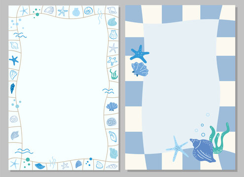 Collection of summer marine frames with seashells, starfish, waves and sea plants. Hand drawn coastal borders for invitations, greeting cards, posters, stationery and printable designs.