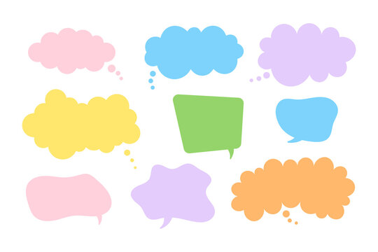 Collection of colorful speech bubbles in hand drawn comic style. Vector set with cloud and abstract dialog shapes for text, captions, stickers, labels and design projects.