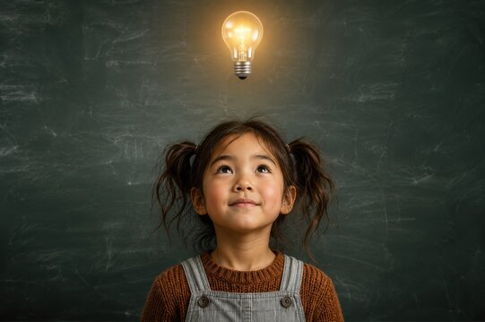 Young schoolgirl looking at a glowing light bulb against a chalkboard, symbolizing ideas, curiosity, creativity, intelligence, learning, inspiration and educational discovery