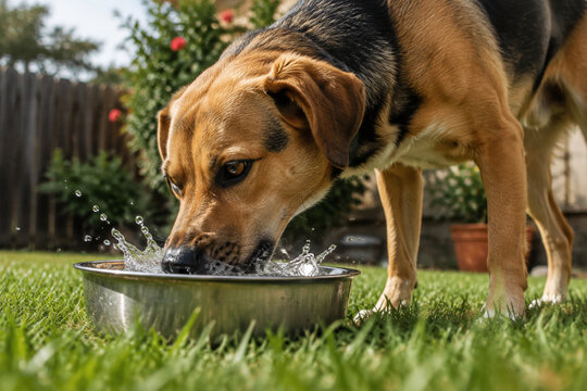 Dog drinking water from metal bowl in backyard, pet hydration and thirst
