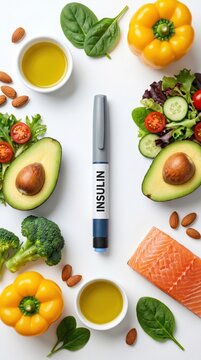 Insulin pen surrounded by healthy foods, representing diabetes management, nutrition and healthy lifestyle