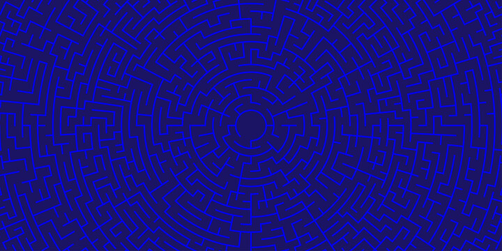 Abstract blue circular maze labyrinth pattern background.