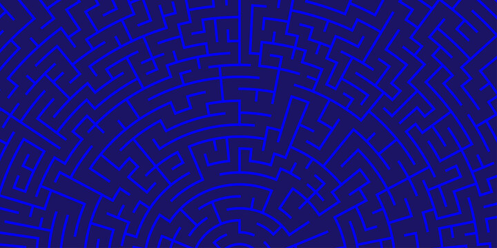 Abstract blue circular maze labyrinth pattern background.