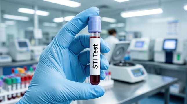 Laboratory technician holding a blood sample tube labeled STI Test, representing medical diagnostics, testing, healthcare and disease prevention