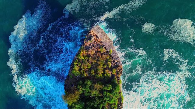 Aerial view of Baron Beach rocky outcrop surrounded by turquoise water and crashing waves in Yogyakarta, Special Region of Yog, Indonesia.