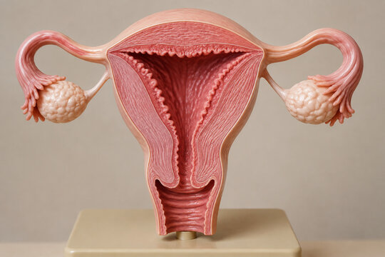 Anatomical model of uterus cross-section showing endometrium, female reproductive system and education concept