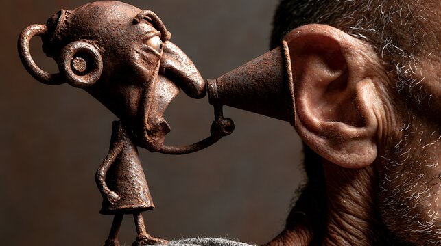 334. A psychological metaphor for the Inner Critic. A miniature, aggressive judge figure made of rusted iron standing on a person's shoulder, shouting into a tiny megaphone directly into their 