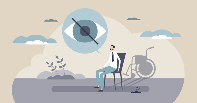 Invisible disability awareness, seated person, wheelchair shadow, and crossed-out eye icon convey hidden struggles and call for inclusion and support. Tiny style