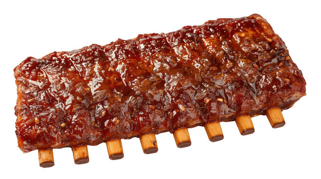 Grilled pork ribs slathered with rich barbecue glaze lie horizontally on a clean white background.