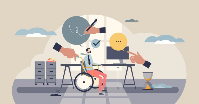 Reasonable accommodations shown as inclusive office support, wheelchair, desk, computer illustrate tailored adjustments that help employees work effectively. Tiny style