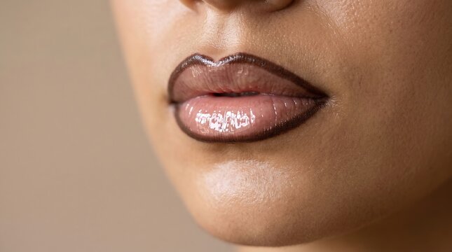 Macro close up of plump female lips with dark brown lip liner and glossy lip shine