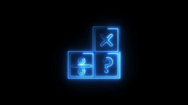 Neon blue math operation symbols glowing inside square boxes on dark background animation.