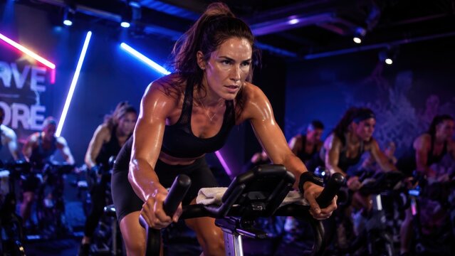 focused woman intensely cycling indoors in a high-energy spin class surrounded by other participants and vibrant neon lights.