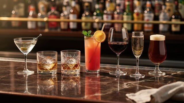 Elegant cocktail assortment on marble bar, luxury alcoholic drinks collection, variety of spirits and wine in upscale lounge setting