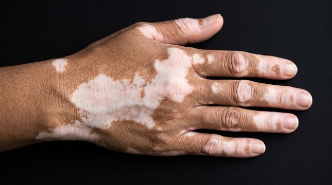 Close up of human hand back showing distinct white vitiligo depigmentation patches