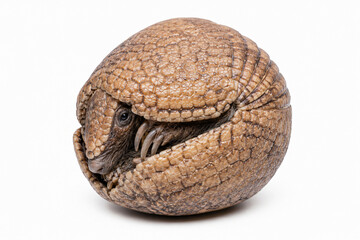 Obraz premium Three-banded armadillo curled into a protective ball, showing its distinctive armored shell and claws
