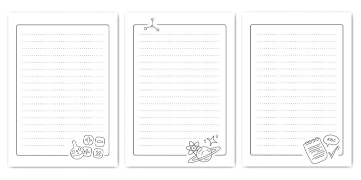Set of lined notebook pages with dotted writing guides and hand drawn school doodles, including science, art and study elements. Minimal black and white stationery templates.