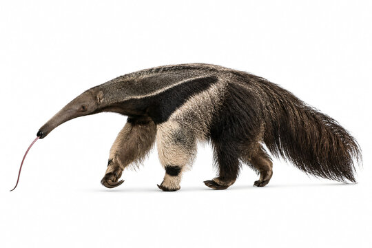 Giant anteater walking with its long tongue extended, isolated on a clean white background