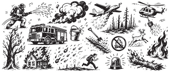 Fototapeta premium Detailed black and white illustrations depicting various elements of wildfire fighting and prevention on a clean white background
