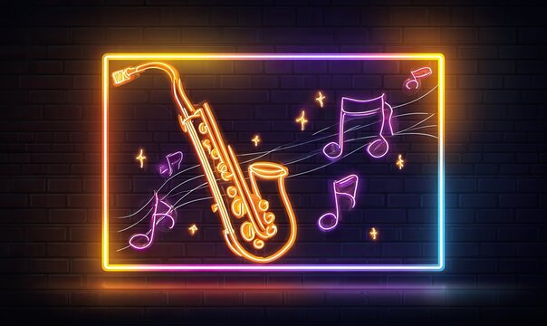 A neon saxophone is framed, accompanied by floating musical notes, set against a brick wall backdrop
