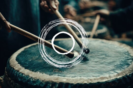 Close-up view of hands striking traditional drums with sticks. Focus on the dark blue surface