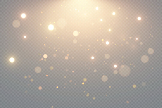Golden bokeh lights and glowing particles isolated on transparent background