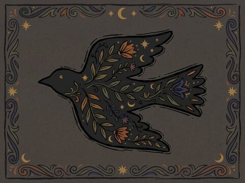 Magic Esoteric Bird with Floral Motifs, Hand Drawn Boho Design.
