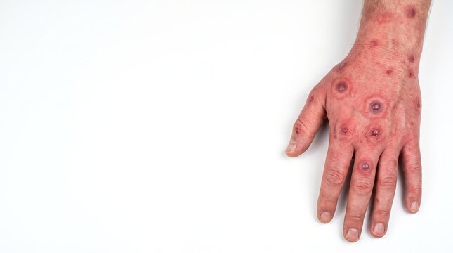 Erythema Multiforme Target Lesions and Blisters on Dorsum of Male Hand