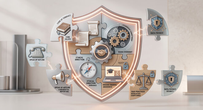 Corporate ethics shield concept showing compliance program, internal controls, accountability, and transparency.