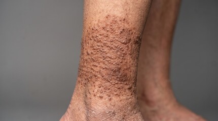 Fototapeta premium Multiple hyperkeratotic papules and lichenified rash on lower leg skin showing lichen amyloidosis