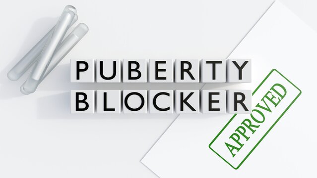 A 3d rendering of subdermal hormone implants and "PUBERTY BLOCKERS" letter blocks with a green approval stamp. A representation of sanctioned endocrinology treatments and approved medical care.