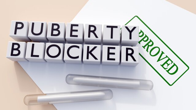 A 3d rendering of subdermal hormone implants and "PUBERTY BLOCKERS" letter blocks with a green approval stamp. A representation of sanctioned endocrinology treatments and approved medical care.